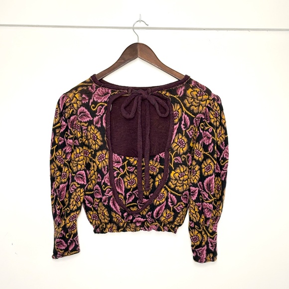 Free People Boho Tapestry Floral Puff Sleeve 100% Cotton Purple Gold Black Sz Sm - Picture 2 of 5